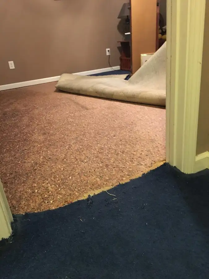 Carpet pad removal revealing water damage during Water Mitigation Services in Connerton